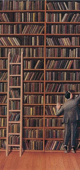 Un homme cherche des livres dans une bibliothèque géante